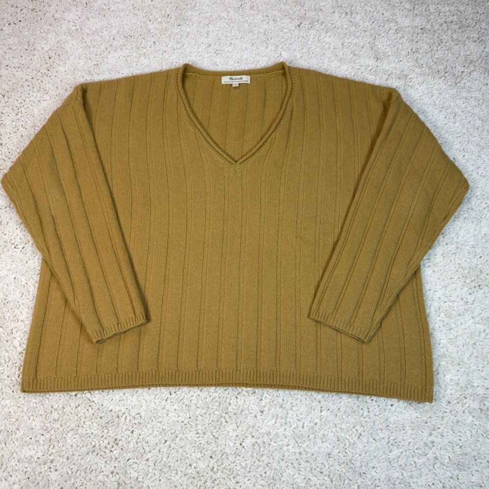 Madewell V-Neck Sweater Womens Medium Yellow Recycled Cashmere Wool Ribbed NC417